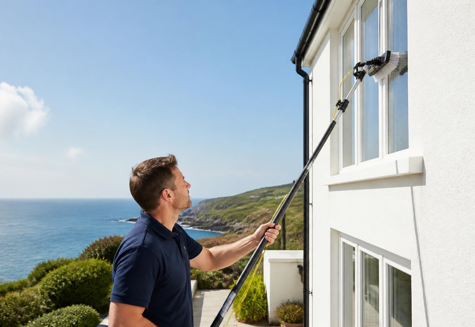 Window Cleaning operative cleaning windows on a coastal home in St Ives